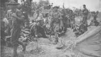 Australian infantrymen move 
forward through a group of Americans to take up the fight at Sanananda