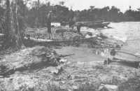 Wrecked Japanese barges, 
pieces of equipment and the bodies of the dead littered the beaches at Buna when the fighting ended