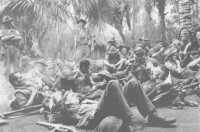 Troops of the 7th Division 
in the Ramu Valley resting in a village after a 20-mile march through kunai grass in sweltering heat