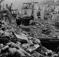 Wrecked tank in the ruins 
of Cassino