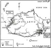 Cunningham`s plan of two 
defended zones on the island of Viti Levu in Fiji is indicated by the shade areas