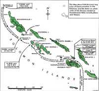 This Map shows 3 NZ 
Division`s long lines of communication in the Solomons and the dates on which units of the Division landed on 
Guadalcanal, Vella Lavella, Mono and Nissan