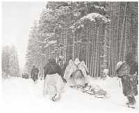 Men of the 82nd Airborne 
Division pull sleds in advancing through the Ardennes snow