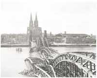 The demolished Hohenzollern 
bridge at Cologne with cathedral in the background