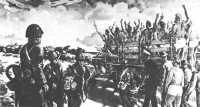 Japanese naval troops who 
took Wake Atoll are shown in a contemporary propaganda painting taking their prisoners toward a collecting point
