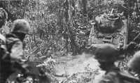 Medium tank crosses 
Suicide Creek to blast Japanese emplacements holding up the Marine advance