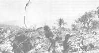 HAND GRENADES are tossed 
by riflemen at Japanese positions as the battle lines move across Saipan from the invasion beaches