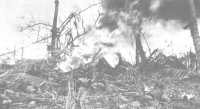 Marines watch tensely as 
a flamethrower blasts an enemy dugout in the advance inland on Guam