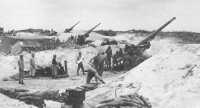 155-mm guns of the 420th 
Field Artillery Group are set up on Keise Shima to shell enemy main defenses prior to the Tenth Army assault landing