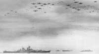 Corsairs and Hellcats fly 
in formation over Tokyo Bay during the surrender ceremonies
