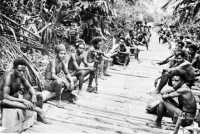 Natives with supplies and 
ammunition for the front lines taking a brief rest along a corduroy road