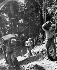 37th division troops 
carrying 5-gallon cans of water up the steep slope of Hill 700