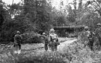 A patrol of the 307th 
Infantry warily approaches a river crossing near Camp Downes