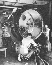 60-inch searchlight unit 
being tested by engineers in the General Electric plant, Schenectady, N