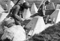Men of the 23rd Armored 
Engineer Battalion rig charges to demolish dragon’s teeth in the Siegfried Line