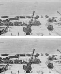 DUKWs in use in 
ship-to-shore movements on the beach at Cherbourg, France (top), and off Bougainville (bottom)