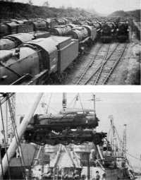 Rail equipment was stored 
on sidings in Great Britain (top) before the invasion of Europe, and ferried to France (bottom)