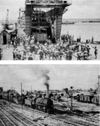 Rail equipment arrived in 
France (top) and was put into service over the repaired tracks of the continental rail systems (bottom)