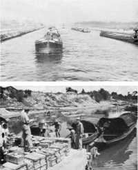 Delivering the goods by 
barge on the Albert Canal in Belgium (top), and by sampan at Chinkiang, China (bottom)